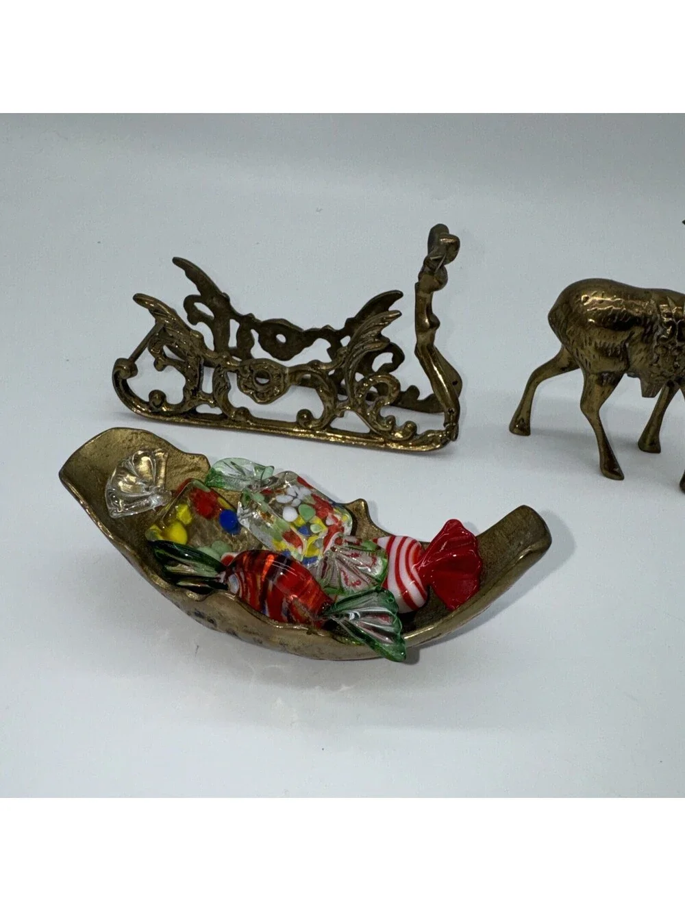 Midcentury Heavy Brass Reindeer And Sleigh long Christmas centerpiece decor